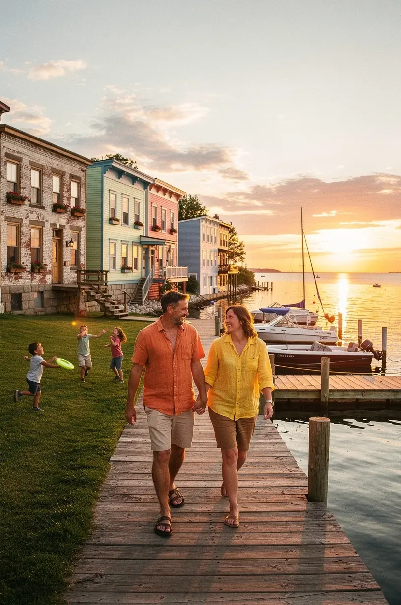 Historic downtown district of a Great Lakes town with preserved architecture, local shops, and visitors exploring the streets.