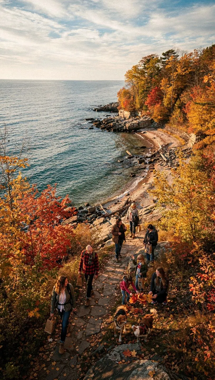 A regional attraction along the Great Lakes route, such as a lighthouse perched on a rocky coastline with interpretive signage.